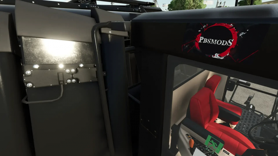 Interior view of Module Express 635 PBSMods Black Edition in Farming Simulator 25, featuring black and red seats.