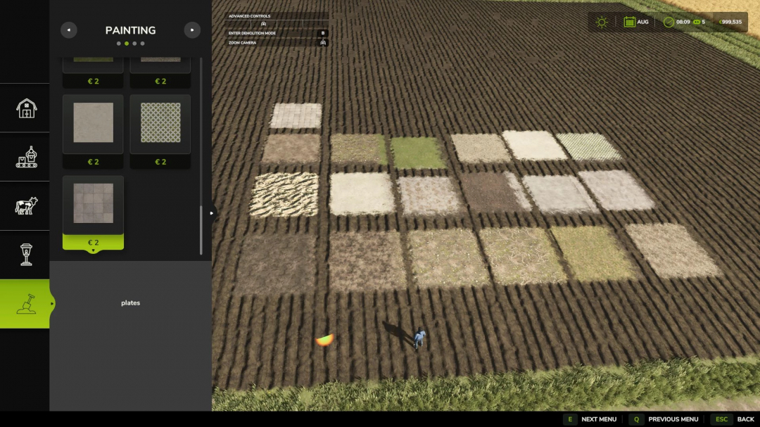 FS25 mod 'More ground paint textures v1.0.0.0' showing a variety of ground textures in a field setting.