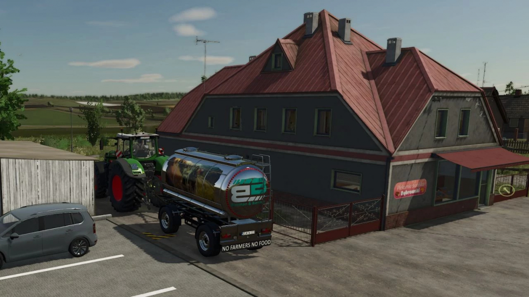 Farming Simulator 25 mod, MultiTank MKS 32 attached to a tractor near a building, showcasing FS25 mods.