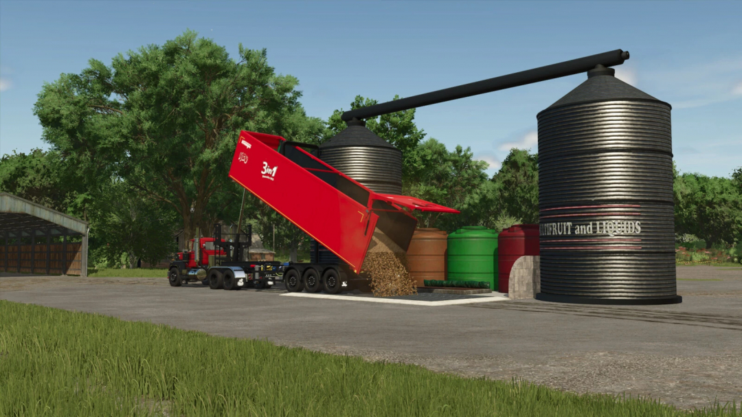 FS25 mod: Red truck unloading crops into multifruit and liquid silo.