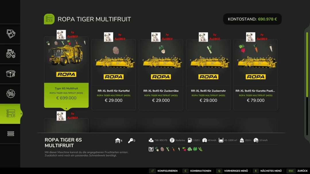 FS25 mods screen showing ROPA Multifruit harvesters with prices and details.