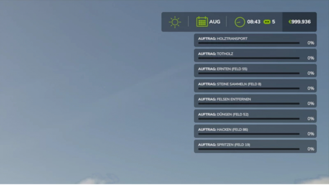 FS25 MultipleMissions v1.0.0.0 mod interface showing various missions and progress, including wood transport and field tasks.