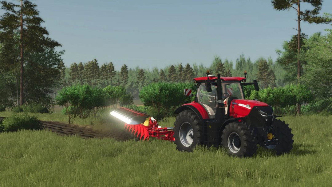 FS25 New Frontier mod with a red tractor plowing a lush field.