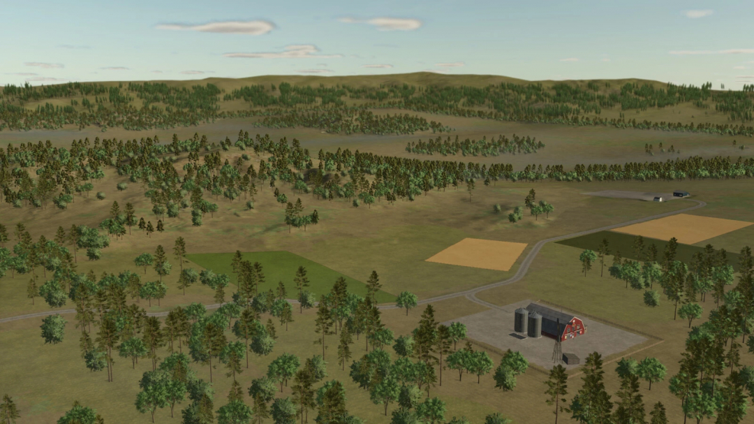 Aerial view of New Frontier mod in FS25 showing expansive fields, a farm building, and dense forested areas.