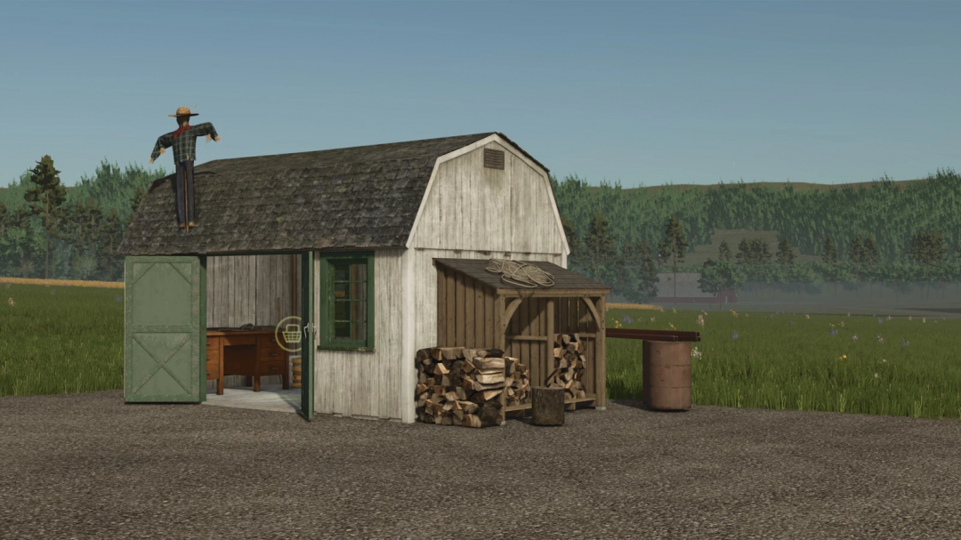 FS25 New Frontier v1.0.0.0 mod showing a rustic shed with a scarecrow, firewood, and countryside scenery.