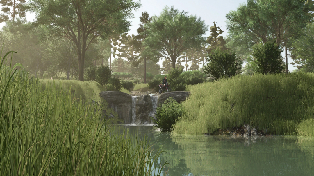 Scenic landscape in FS25 New Frontier mod v1.0.0.0, featuring lush greenery, river, and motorcycle on a waterfall edge.