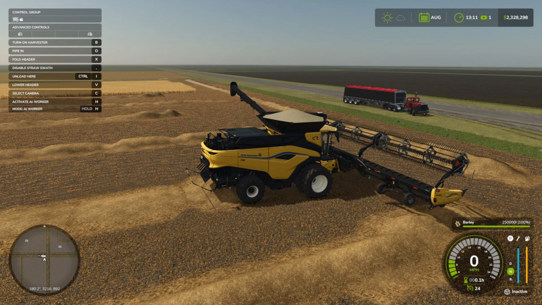 New Holland CR11 harvester in FS25 mods farming field, precise controls visible, progress indicator showing barley harvest.