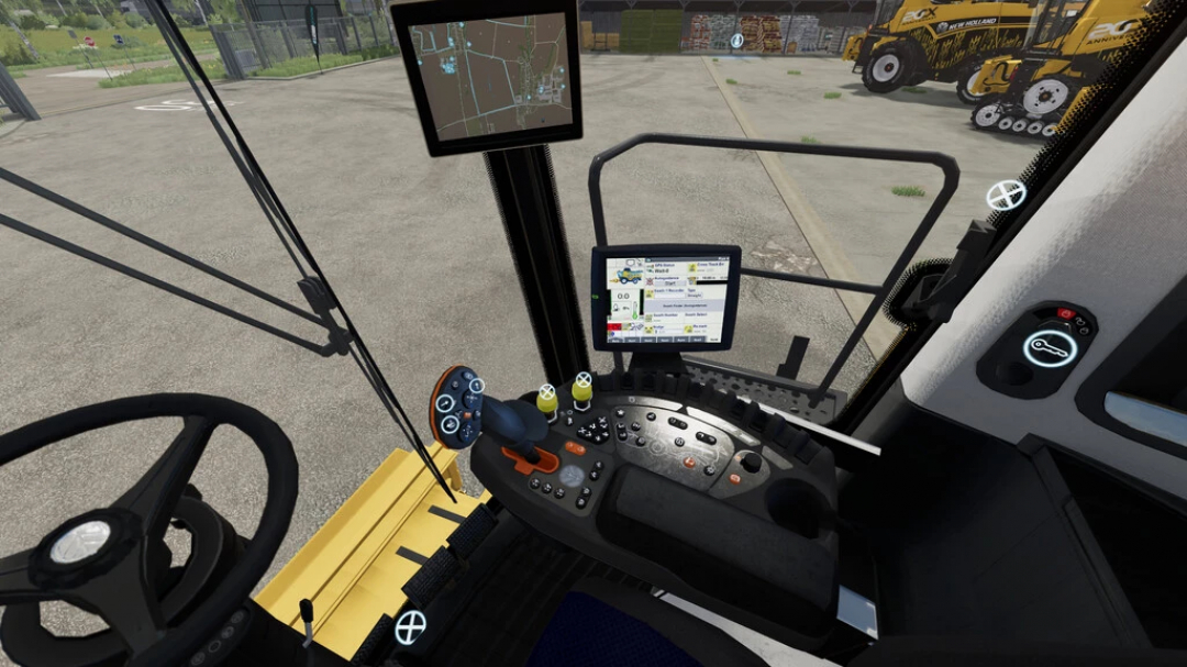 Interior view of New Holland CX combine in FS22 mod, showcasing control panel and display screens.