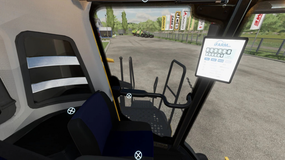 Interior view of New Holland CX mod in FS22, showing control panel and cab seat. Outside, banners and farm equipment visible.