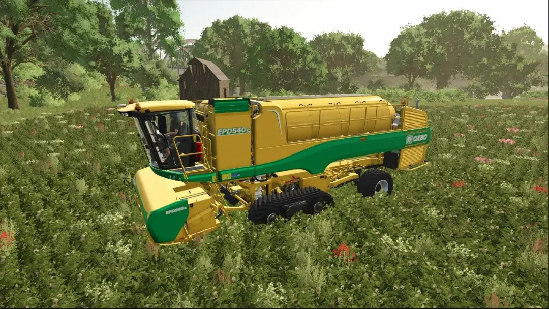 OXBO Pack Combine Harvester mod in FS25, displaying a green and yellow harvester in a lush field.