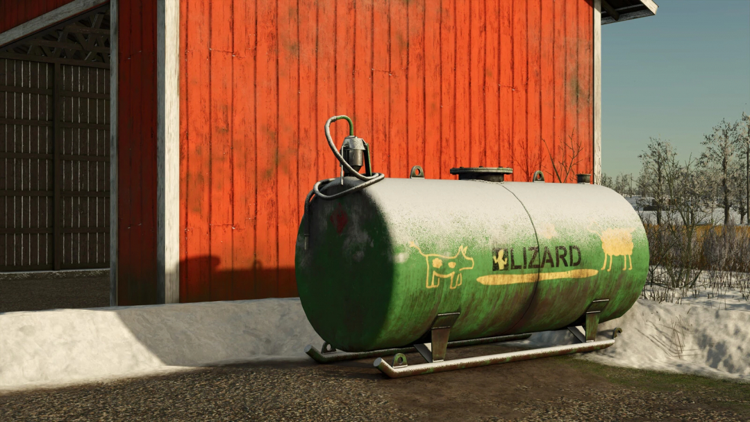 FS25 mod Old Fuel Tanks v1.0.0.0 showing a vintage green fuel tank beside a red barn, enhancing the farming realism.