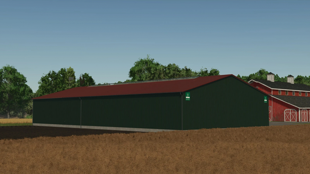 FS25 mod Open Garage v1.0.0.0 featuring a large green garage with a red roof in a rural setting.