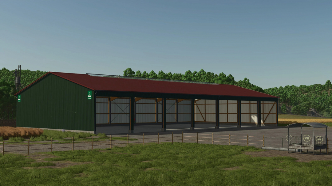 Open Garage mod for FS25 featuring a large shed with multiple bays in a farm setting.