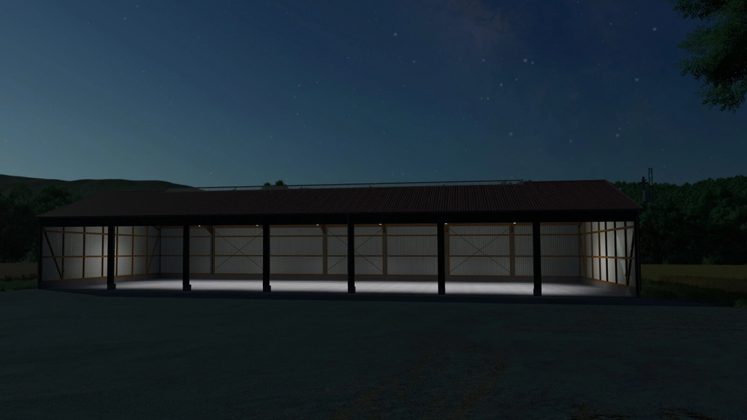 Open Garage mod in Farming Simulator 25 at night, showcasing a well-lit structure in FS25 mods.