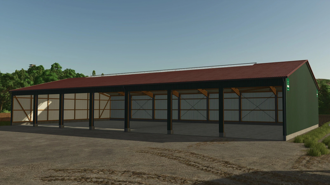 FS25 mod Open Garage v1.0.0.0: Modern garage with open bays and red roof, set in a rural environment.