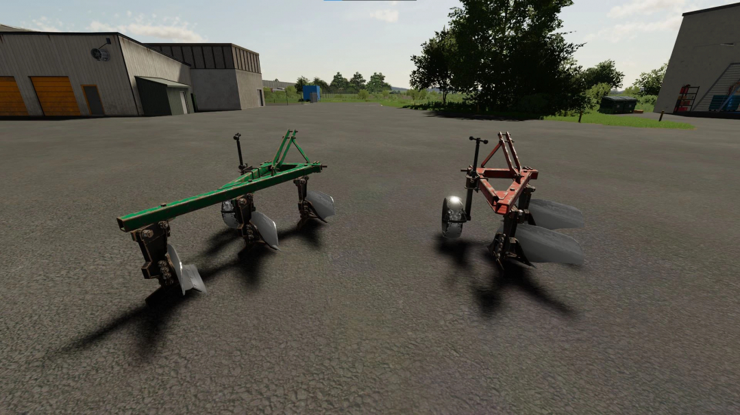 PLN 2.35 3.35 Pack v1.0.0.0 FS25 mods showing green and red plows in a paved farmyard.