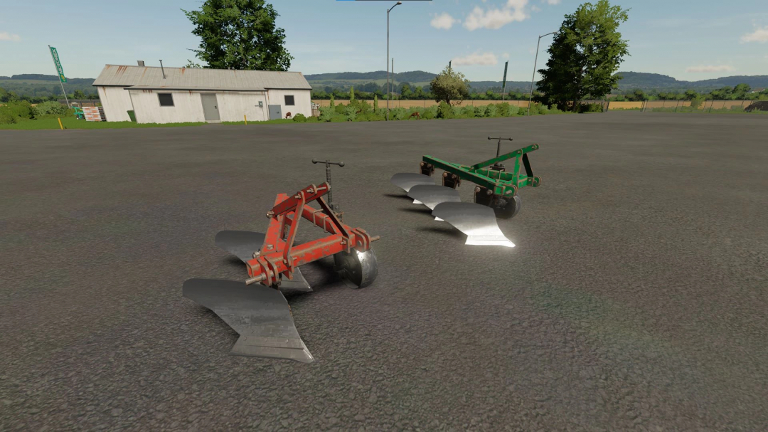 Farming Simulator 25 PLN 2.35 3.35 Pack v1.0.0.0 mods, featuring red and green plows on pavement.