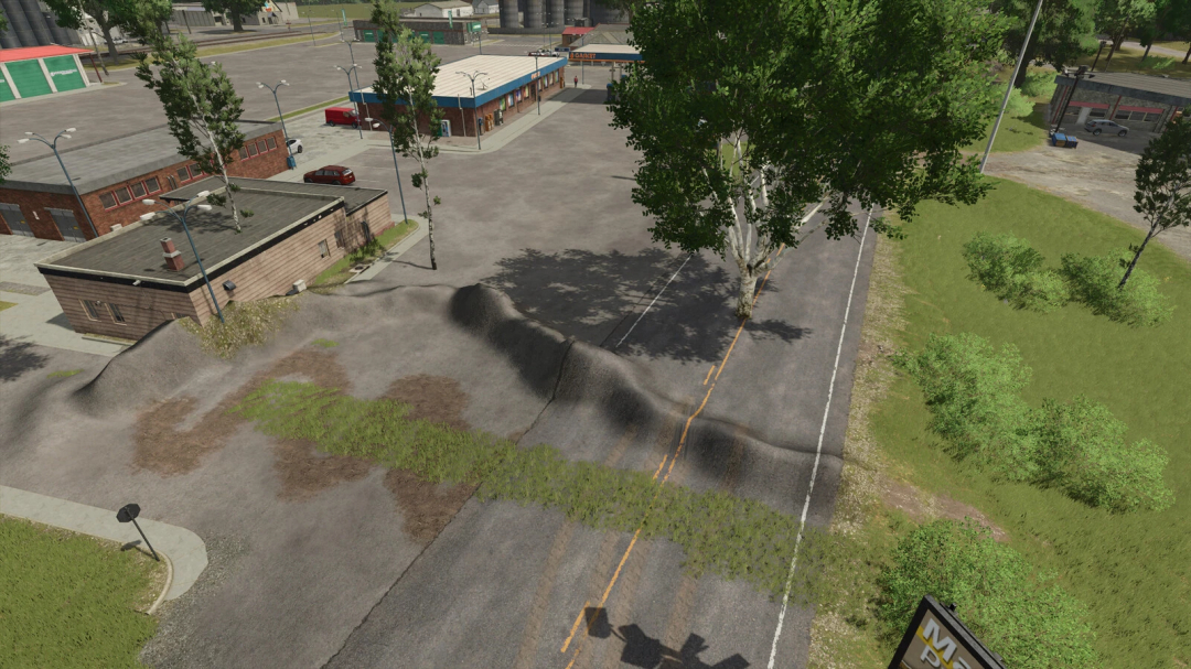 FS25 mod Paint And Terraform Anywhere v1.0.0.1 showing modified terrain by roadside near buildings.