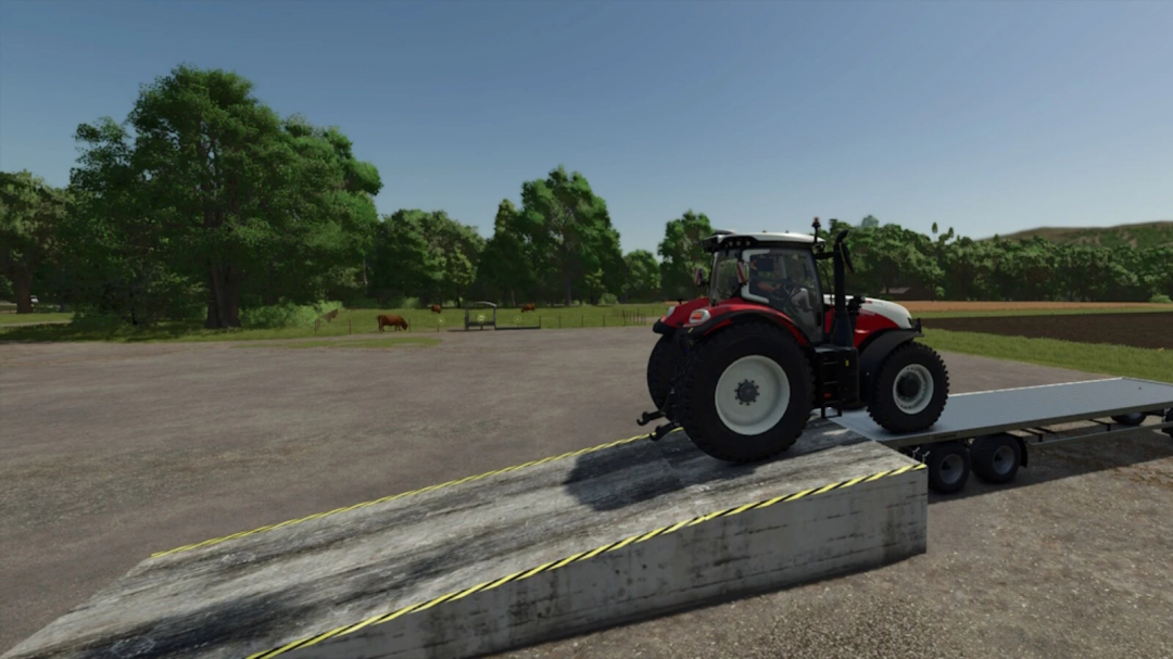 FS25 mod image showing a tractor on a placeable ramp in Farming Simulator 25.