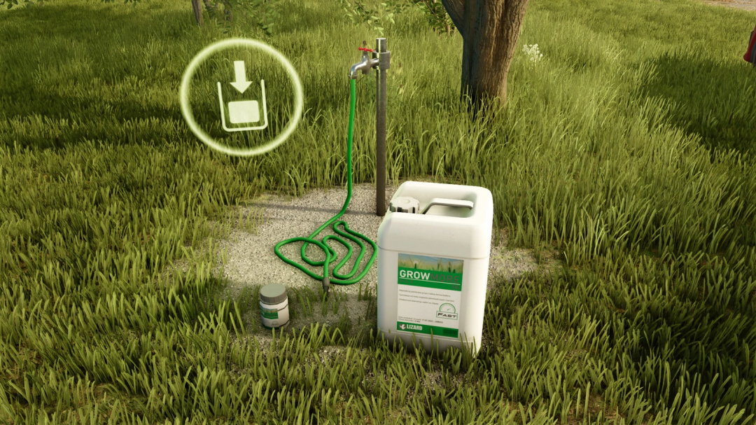 FS25 mods: Plant Protection Products Pack with a container and hose on grass.