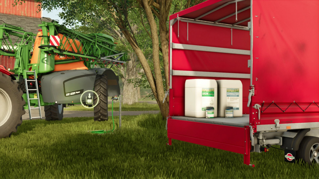 FS25 mod: Plant Protection Products Pack v1.0.0.0 featuring a sprayer and chemical containers on a trailer.