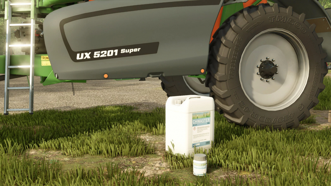 FS25 mod image showing a tractor with a UX 5201 Super label and plant protection products on the grass.