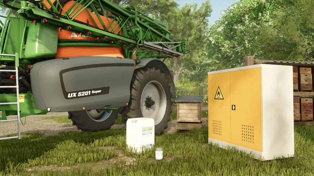 FS25 mod Plant Protection Products Pack includes a sprayer and chemical storage cabinet.