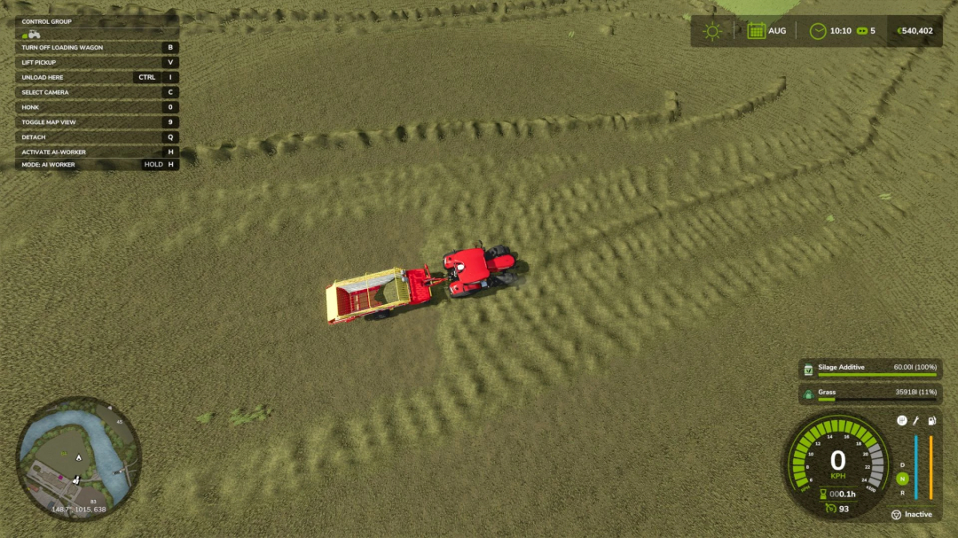 Overhead view of a red tractor using the Poettinger Boss Alpin 251 mod in FS25, shown in a grassy field.