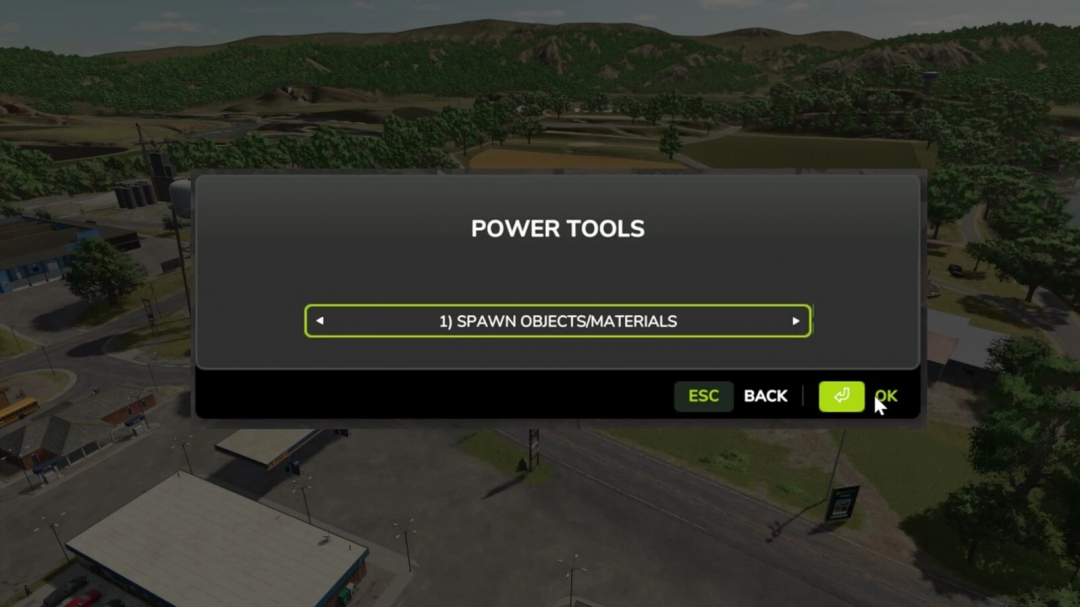 Farming Simulator 25 PowerTools mod v1.0.0.0 interface showing spawn settings.