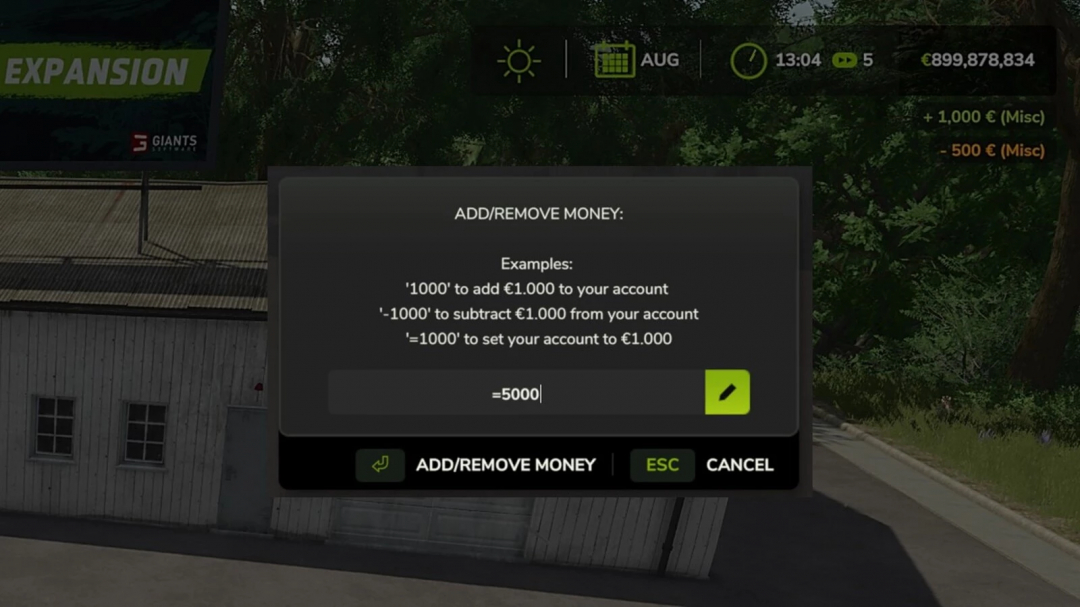 FS25 PowerTools mod interface for adding or removing game currency.