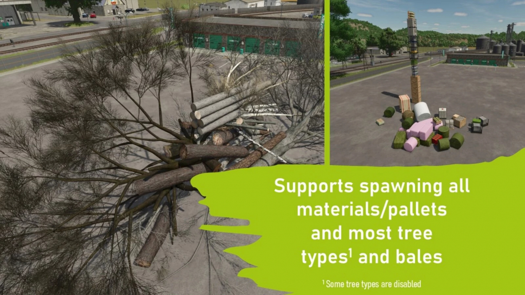 Farming Simulator 25 PowerTools mod v1.0.0.0 showcasing material and tree spawning in-game environment.