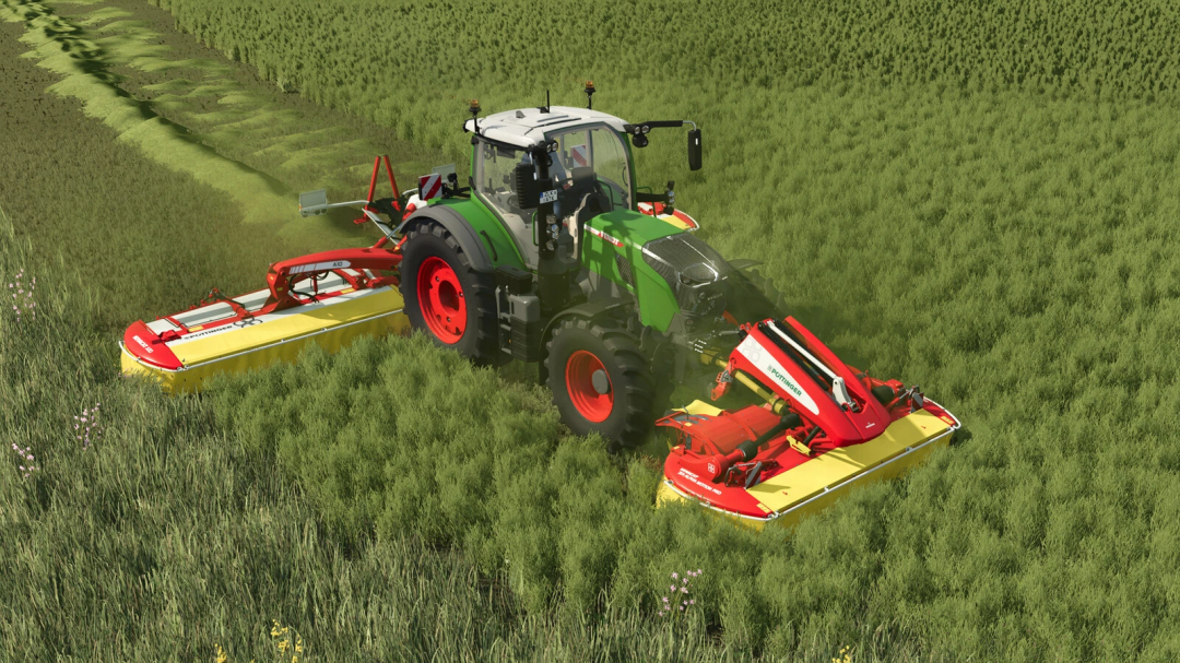 FS25 mod Pöttinger Novacat A10 Cross Flow with 301 AM ED Pro mowing grass.