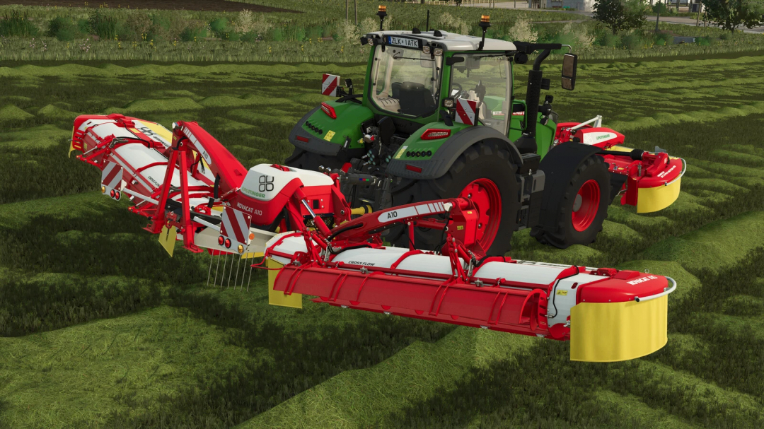 Farming Simulator 25 mod: Pöttinger Novacat A10 Cross Flow with 301 AM ED Pro mowing in a field.