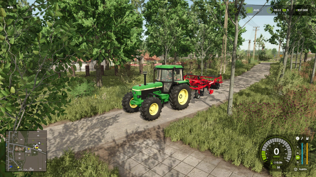 Tractor driving on a rural path in FS25 with Quick Screenshot Mode mod, showing lush green scenery. Perfect for Farming Simulator 25 mods.