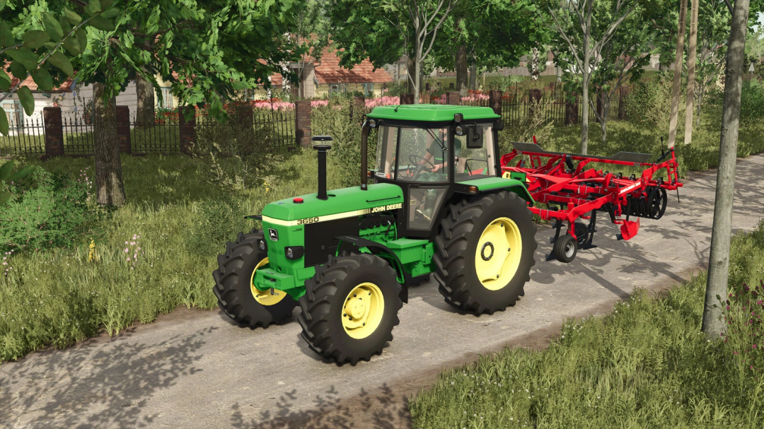 Green tractor with red plow on a path in FS25 mods Quick Screenshot Mode v1.0.0.0.