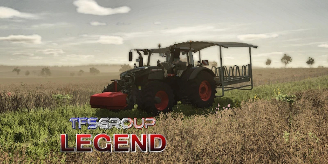 FS25 mods: RATELIER AGRIMAX v1.0.0.0 showcased in a field, featuring a tractor with TFS Group Legend branding.