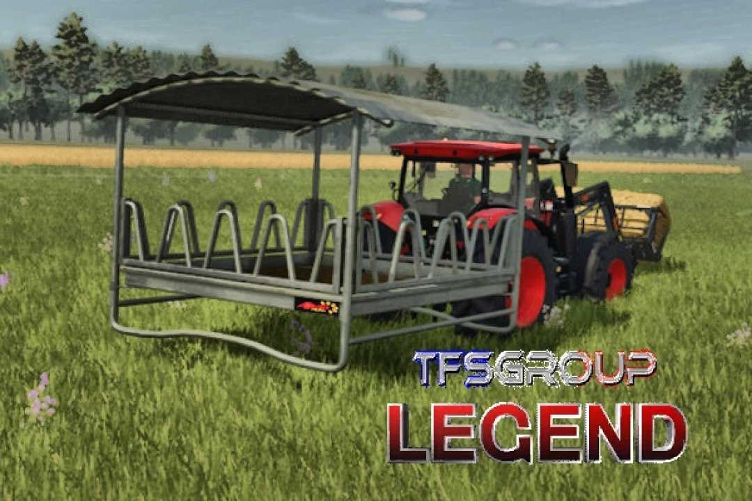 FS25 mod RATELIER AGRIMAX v1.0.0.0 showing a red tractor in a field with feeding equipment.