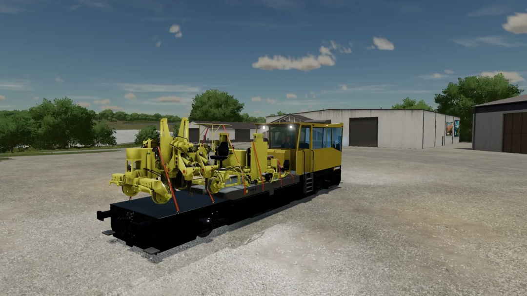 Rail Repair Pack in FS22 mod featuring a yellow rail vehicle parked on gravel near industrial buildings.