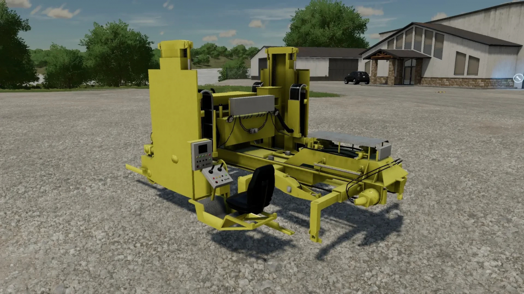 Rail Repair Pack v1.0.0.0 mod for FS22, showing a yellow rail repair machine on gravel near buildings.