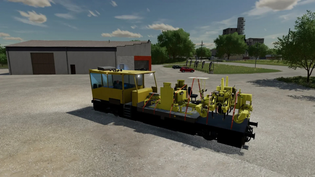 FS22 Rail Repair Pack mod v1.0.0.0 showing a yellow rail maintenance vehicle in Farming Simulator 22.