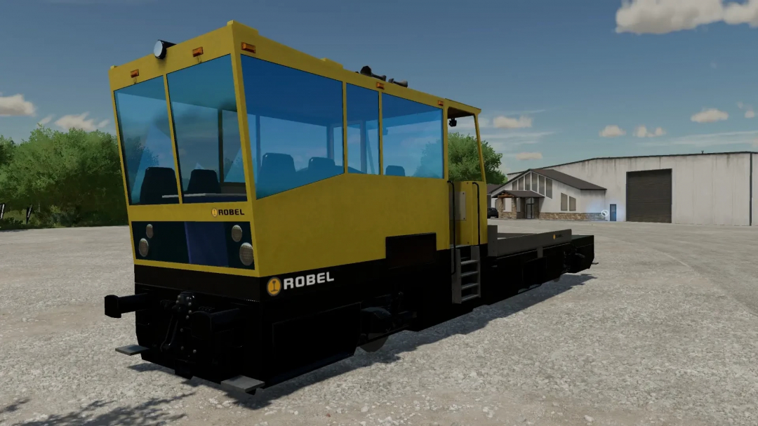 FS22 mod Rail Repair Pack v1.0.0.0 showing a yellow rail vehicle in a depot.