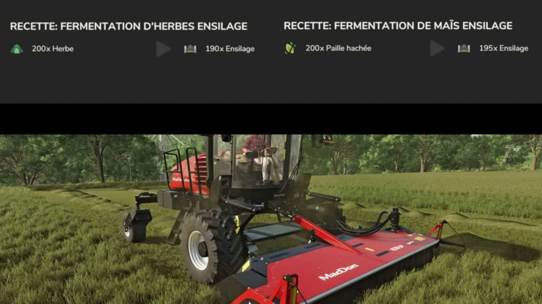 FS25 Real Feed Pack v1.2.0.0 mod displaying fermentation recipes and farming machinery in use.