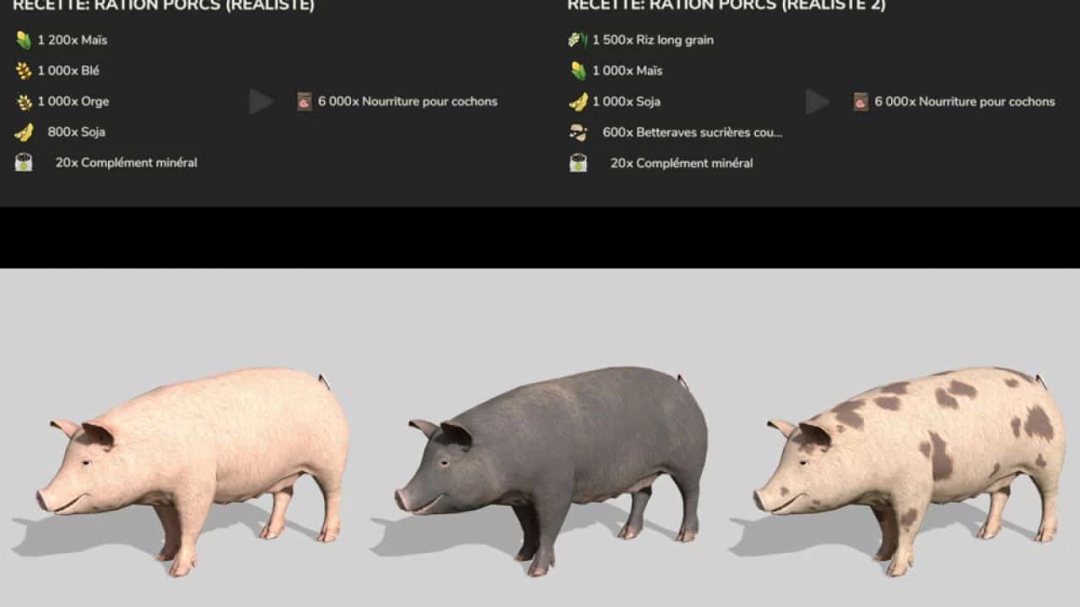 FS25 Real Feed Pack v1.2.0.0 showcasing pig feeding recipes and three pig models.