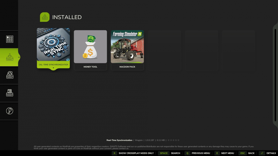 FS25 mod menu showing Real Time Synchronization, Money Tool, and Macdon Pack.