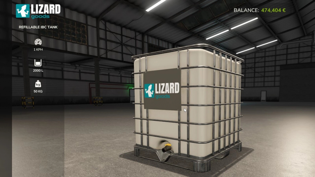 FS25 mod Refillable IBC Tank v1.0.0.0 in a warehouse setting