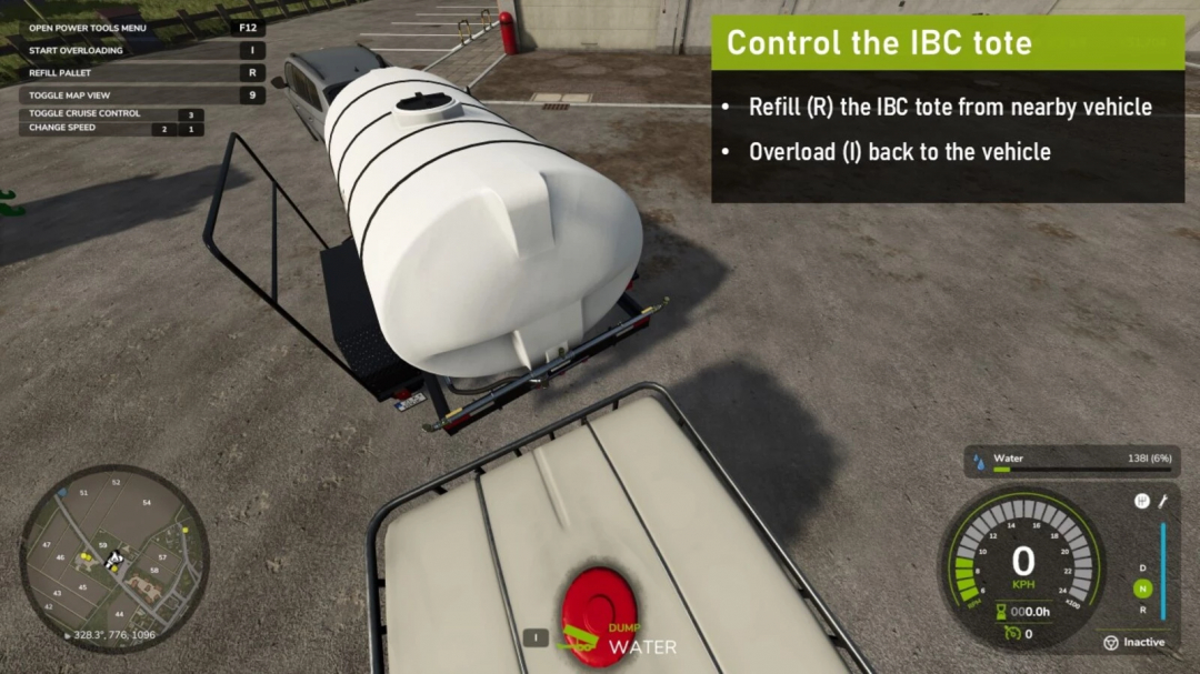 FS25 mod Refillable IBC Tank v1.0.0.0, showing controls to refill from nearby vehicles in Farming Simulator 25.