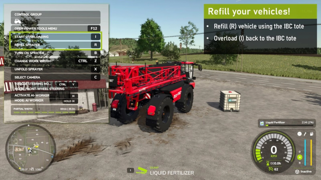 FS25 Refillable IBC Tank mod showing in-game interface with sprayer controls and IBC tank.