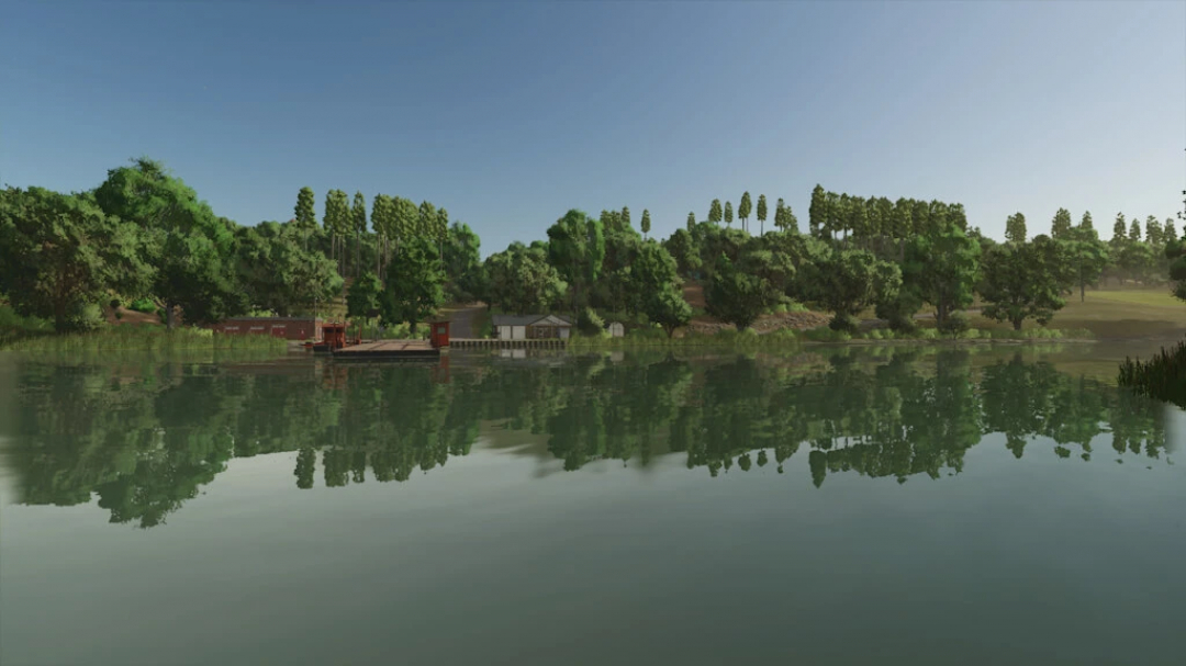 Scenic view of Riverbend Springs in FS25 Cannabis Edition, featuring a serene river and lush forest.