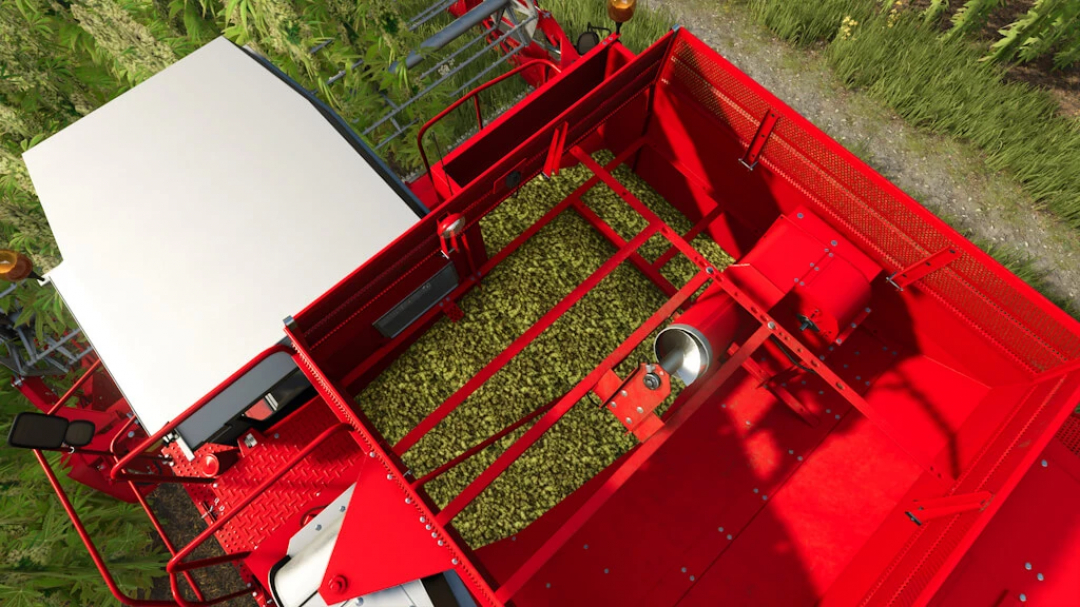 FS25 mod Riverbend Springs Cannabis Edition v1.1.0.0 showcasing a red combine harvester filled with cannabis.