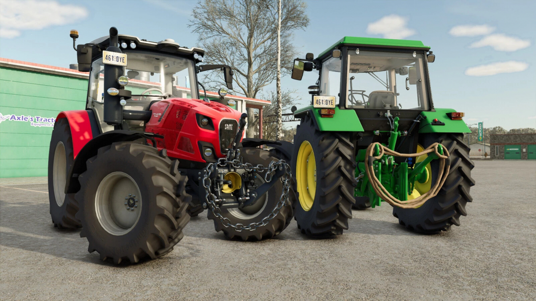 Two tractors equipped with the Rope and Chain mod in FS25, showcasing realistic tractor customization in Farming Simulator 25.